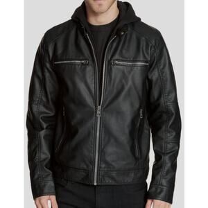 Guess Biker Jacket XL Black Faux Leather Hooded Grunge Flaw